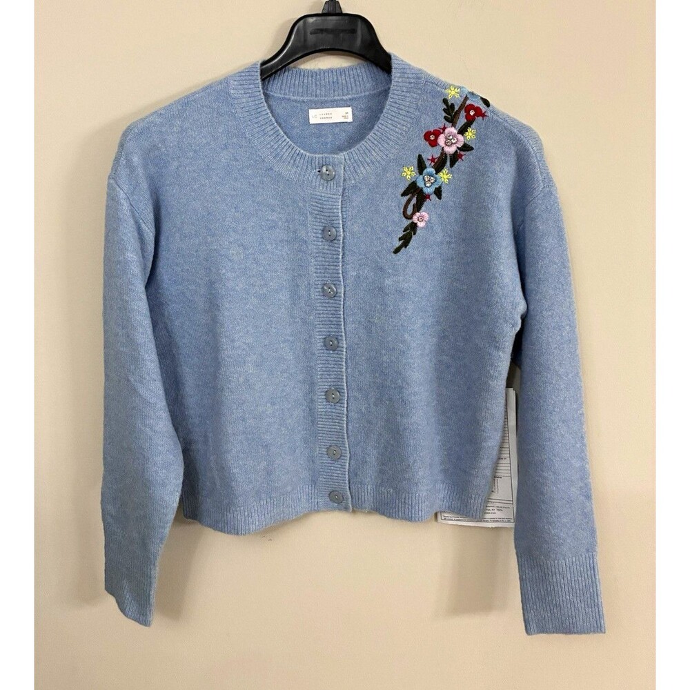 LC Lauren Conrad Knit Sweater Blue Long Sleeve Crewneck Embroidered Floral M